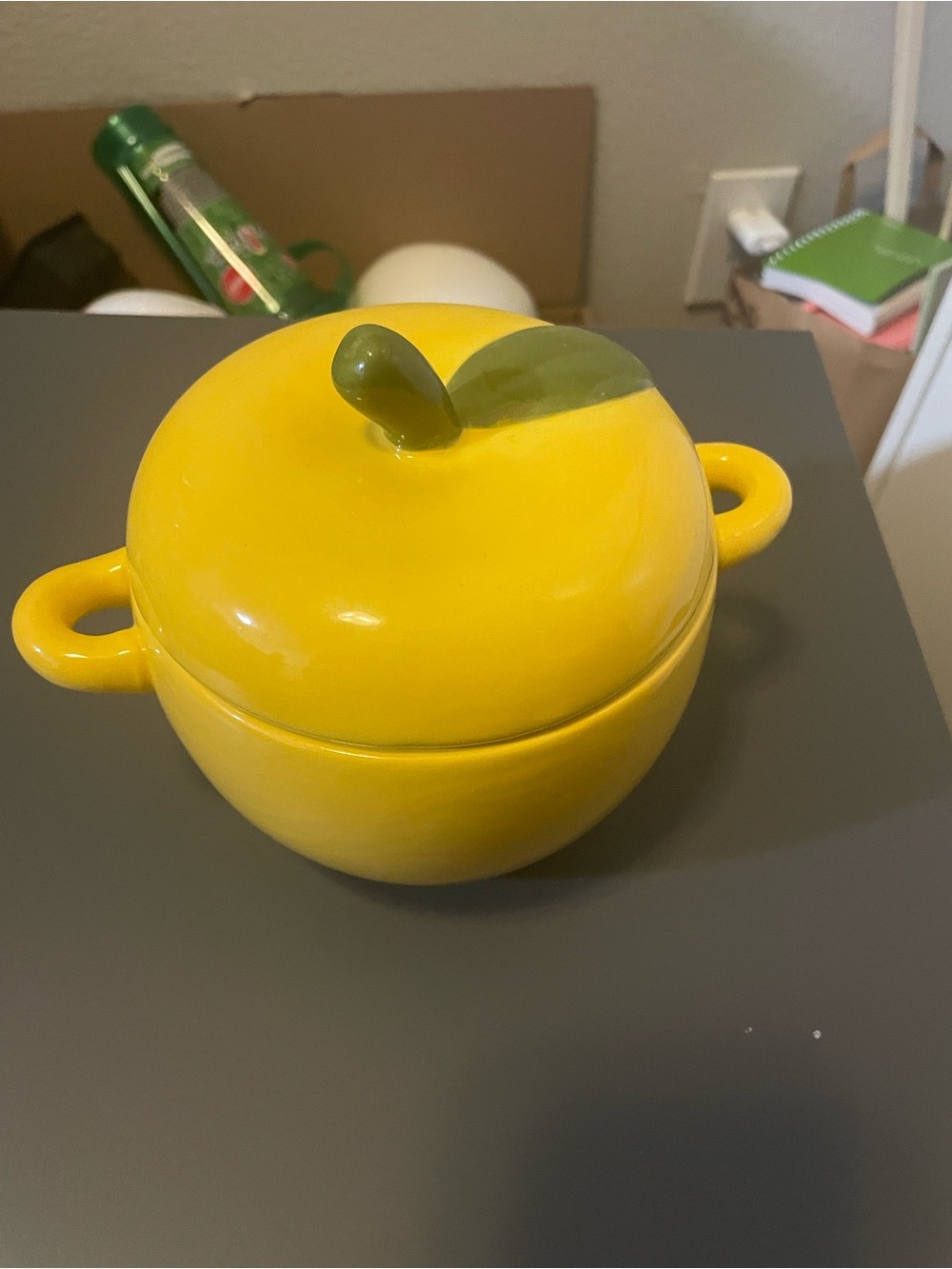 Apple ramekin; Yellow Ceramic Covered Dish with  Handle
